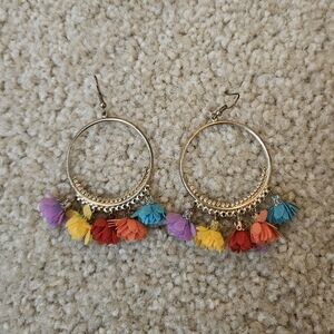 Gold Colorful Tassel Flower Hoop Earrings